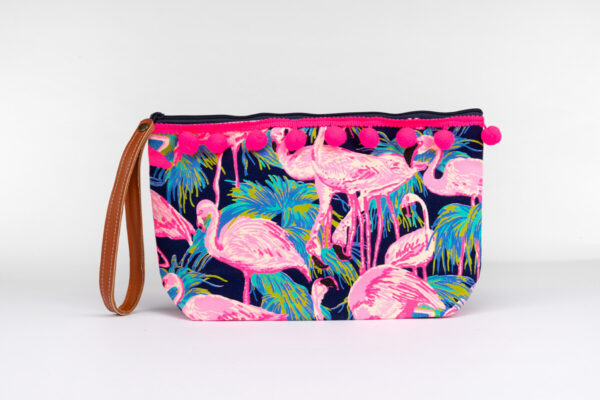Kulturbeutel Rosa Blue Flamingos mit Bommel Seitenansicht links