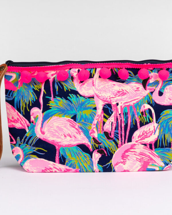 Kulturbeutel Rosa Blue Flamingos mit Bommel Seitenansicht links